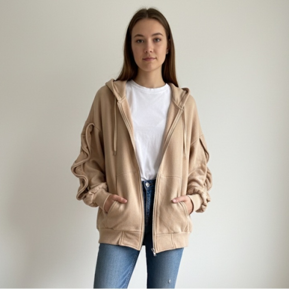 Andy & Debb Tan Zip-Up Ruffle‎ Sleeves Oversize Hoodie Sweater Size S